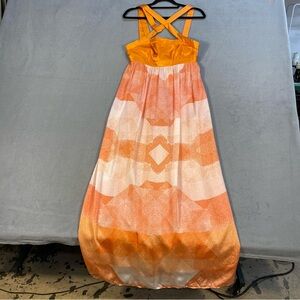 Leon Max Women’s Orange & White 100% Silk Maxi Dress, Straps, back zipper,size 2
